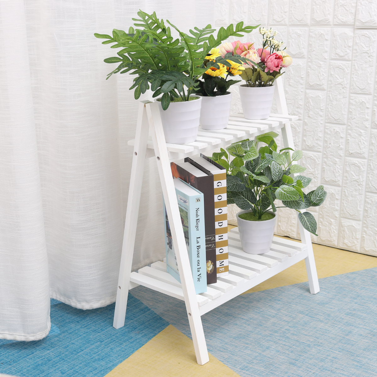 2 Layers Flower Racks Foldable Wood Plant Stand A-shape Indoor Landing Shelf for Home Balcony