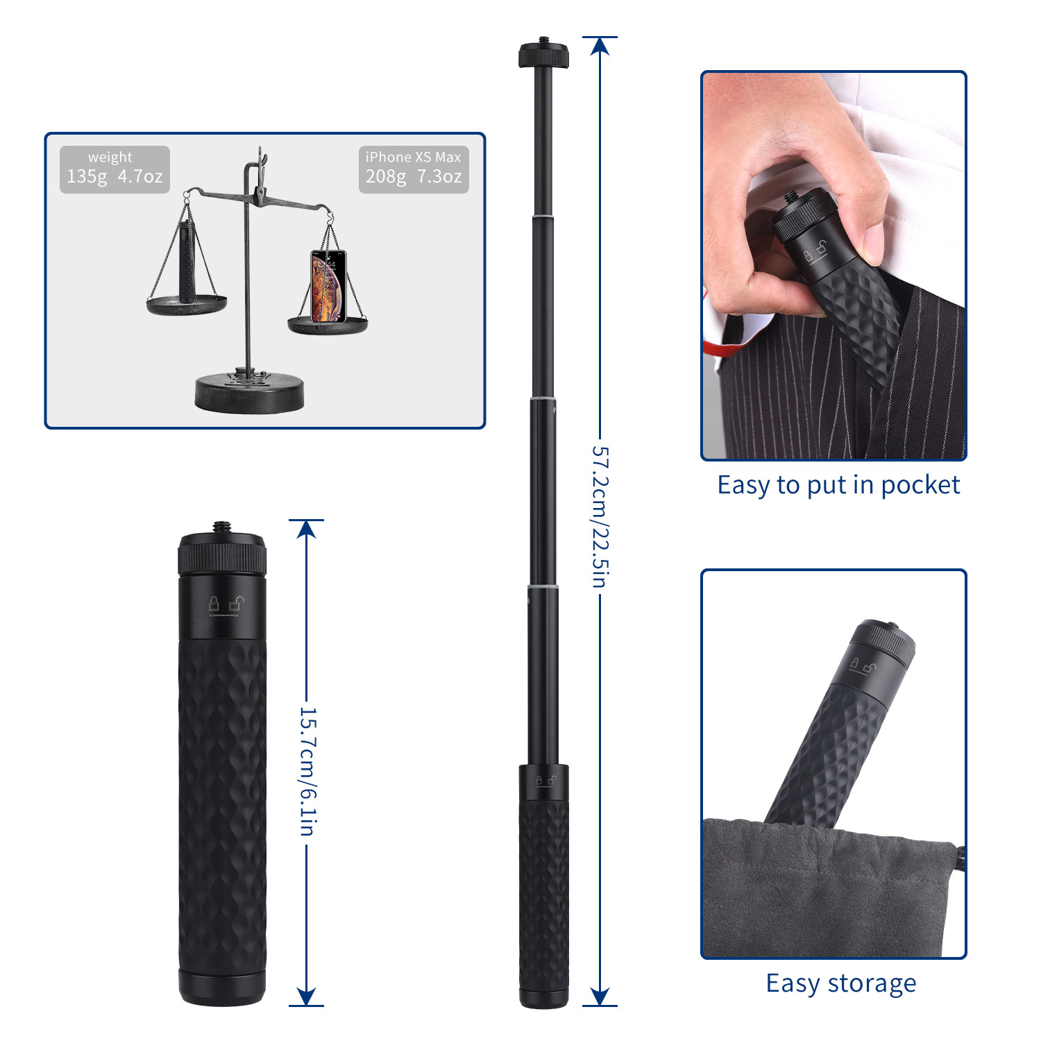 LEDISTAR Extension Rod Selfie Stick 15.7cm-57.2cm for GoPro Tripod Gimbals Smartphone Action Cameras - Photo: 4