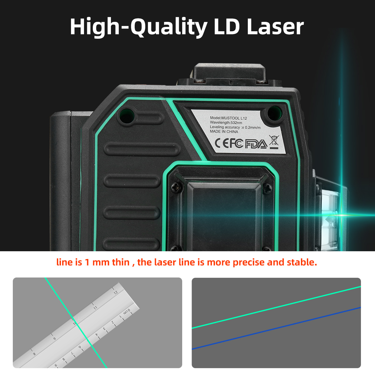 MUSTOOL 12 Lines 3D 360° Laser Level Self Leveling Line Holder Tool Bracket Single/Double Batteries Optional