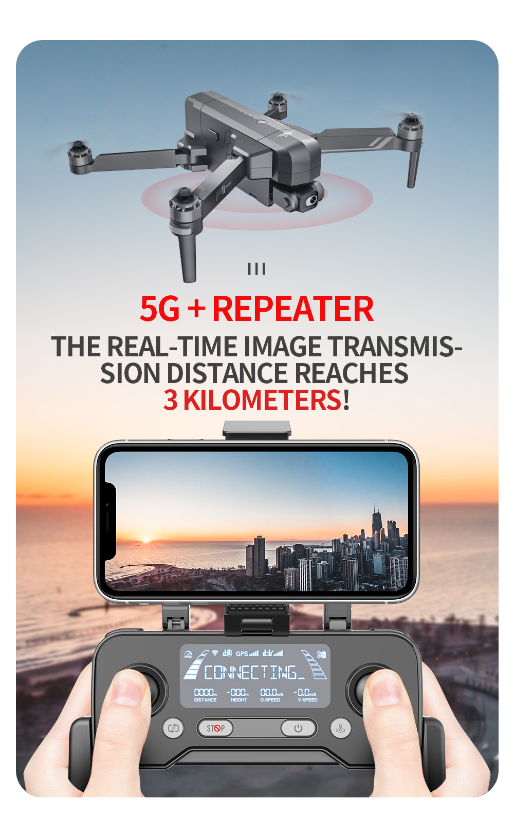 SJRC F11S 4K PRO GPS 5G WIFI 3KM Repeater FPV with 4K HD Camera 2-Axis Electronic Stabilization Gimbal Brushless Foldable RC Drone Quadcopter RTF