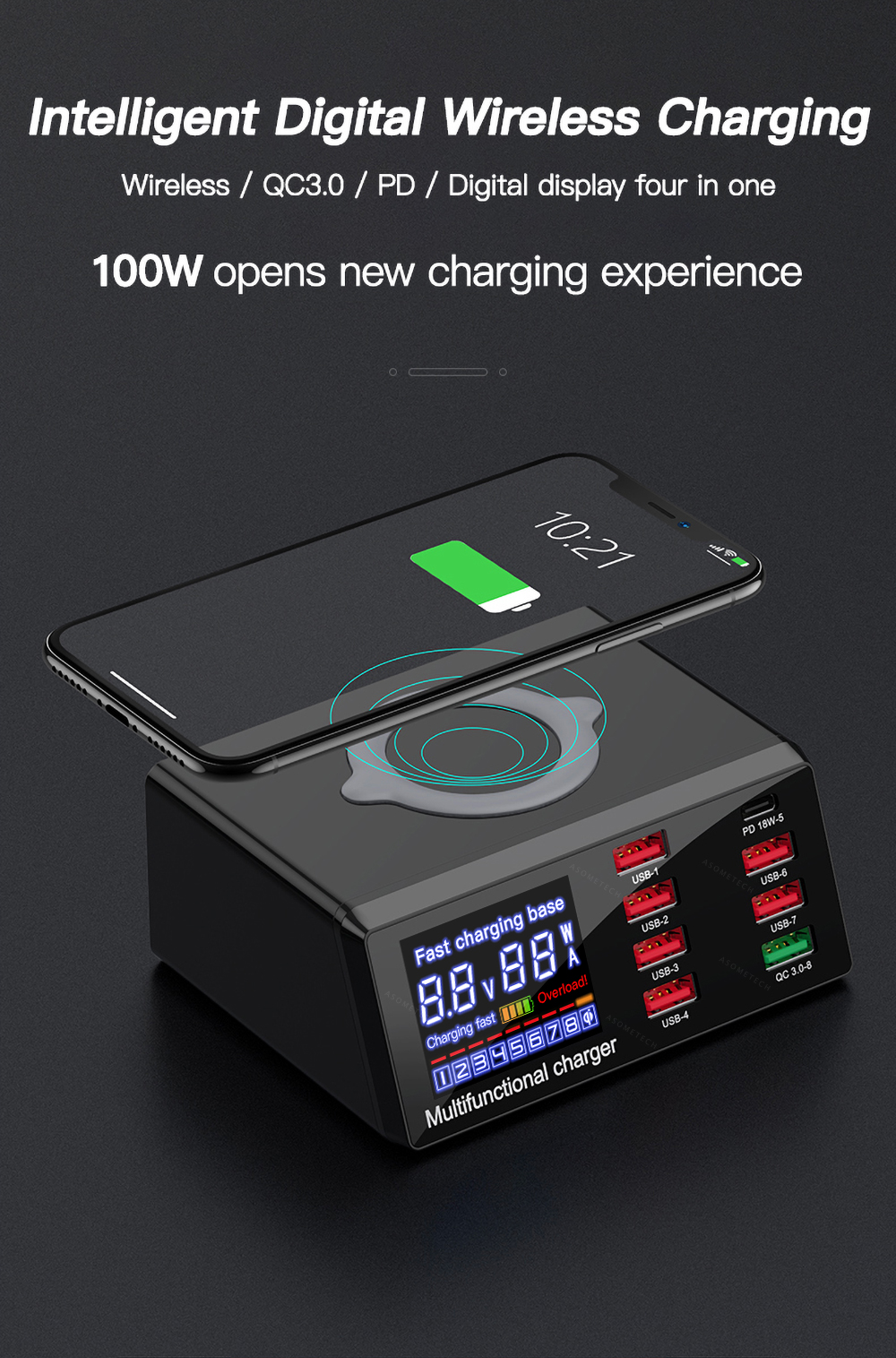 Bakeey 100W 8-Port USB PD Charger PD3.0 QC3.0 Desktop Charging Station Smart Charger 10W Wireless Charger Charging Pad For iPhone 11 SE 2020 Huawei