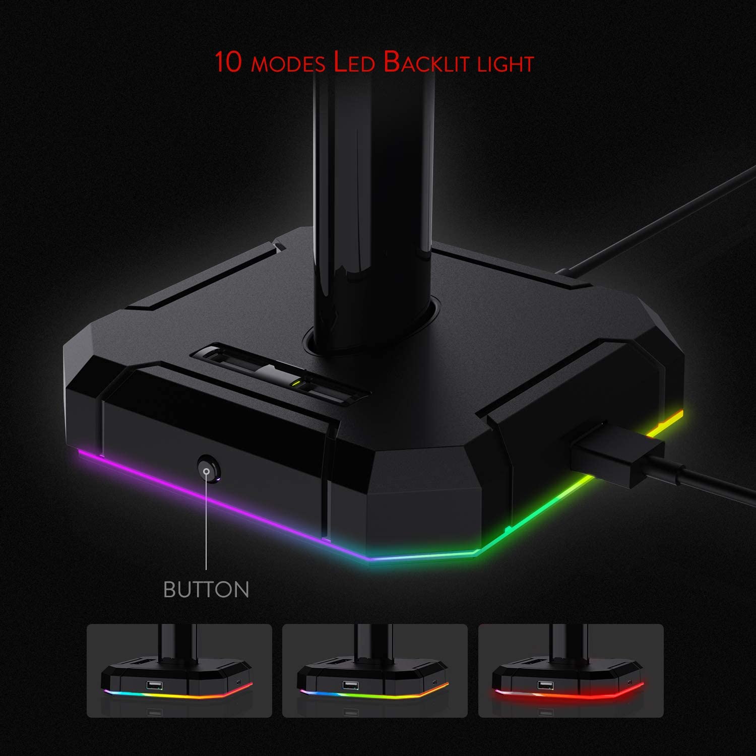 Redragon HA300 Headphones Holder RGB Luminous 4X USB 2.0 Ports Gaming Headset Stand Bracket with Non-Slip Solid Rubber Base