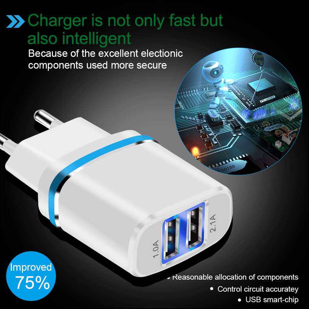 OLAF 2.1A Dual USB Port LED Light Fast Charging Charger Adapter for iPhone X XS Max Xiaomi Mi9 HUAWEI P20 Mate 20