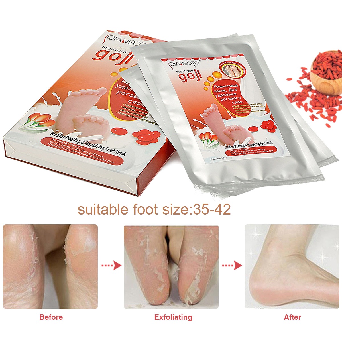 2 Pairs Goji Berry Extract Foot Peel Mask Natural Wolfberry Exfoliating Feet Anti Fungal Milk Moisturize