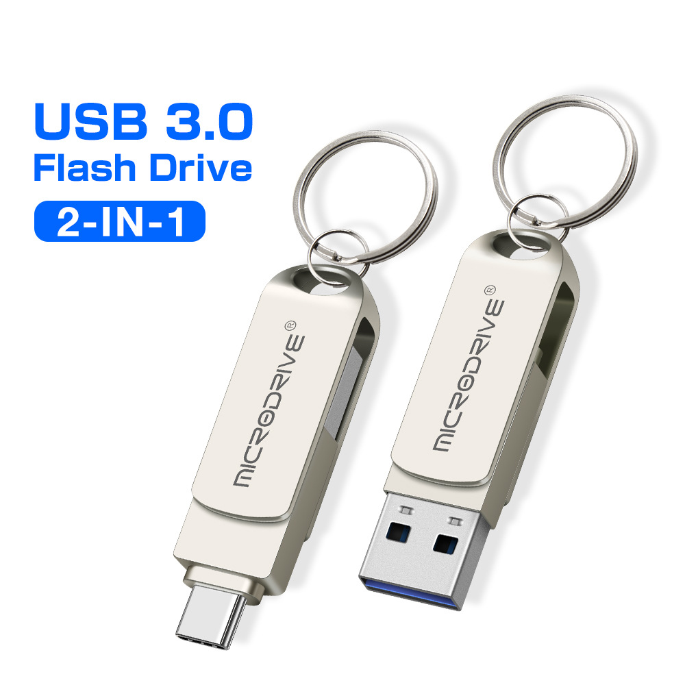 MicroDrive 2 in 1 Type-C & USB3.0 Flash Drive OTG USB Driver 32G 64G 128G 256G Metal 360° Rotation Pendrive USB Disk with Key Ring