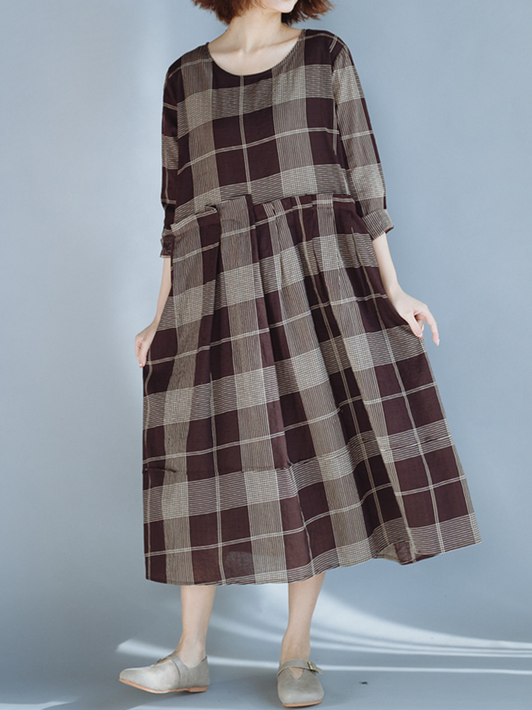 Plus Size Vintage Plaid Patchwork Long Sleeve Casual Dress