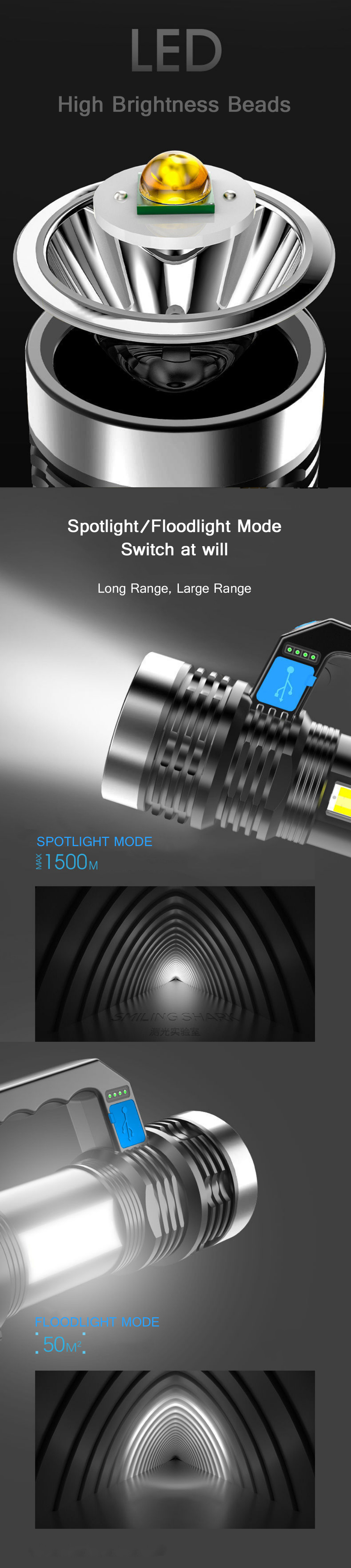 2PCS BIKIGHT P500 Double Light 500m Long Range Strong Flashlight with COB Sidelight USB Rechargeable Powerful Handheld Spotlight LED Searchlight