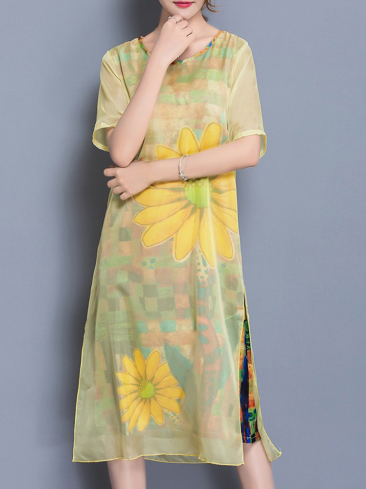 Elegant Women Short Sleeve O-neck Layered Floral Print Dress