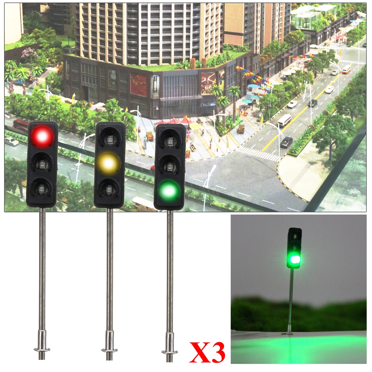 3Pcs 50mm DIY Model 3-Light Traffic Lights Signal Architecture Street Train 13