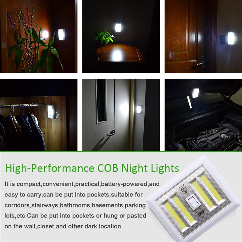 Battery Powered 4 COB LED Night Light Wall Switch Self Stick Closet 6000K White Bright