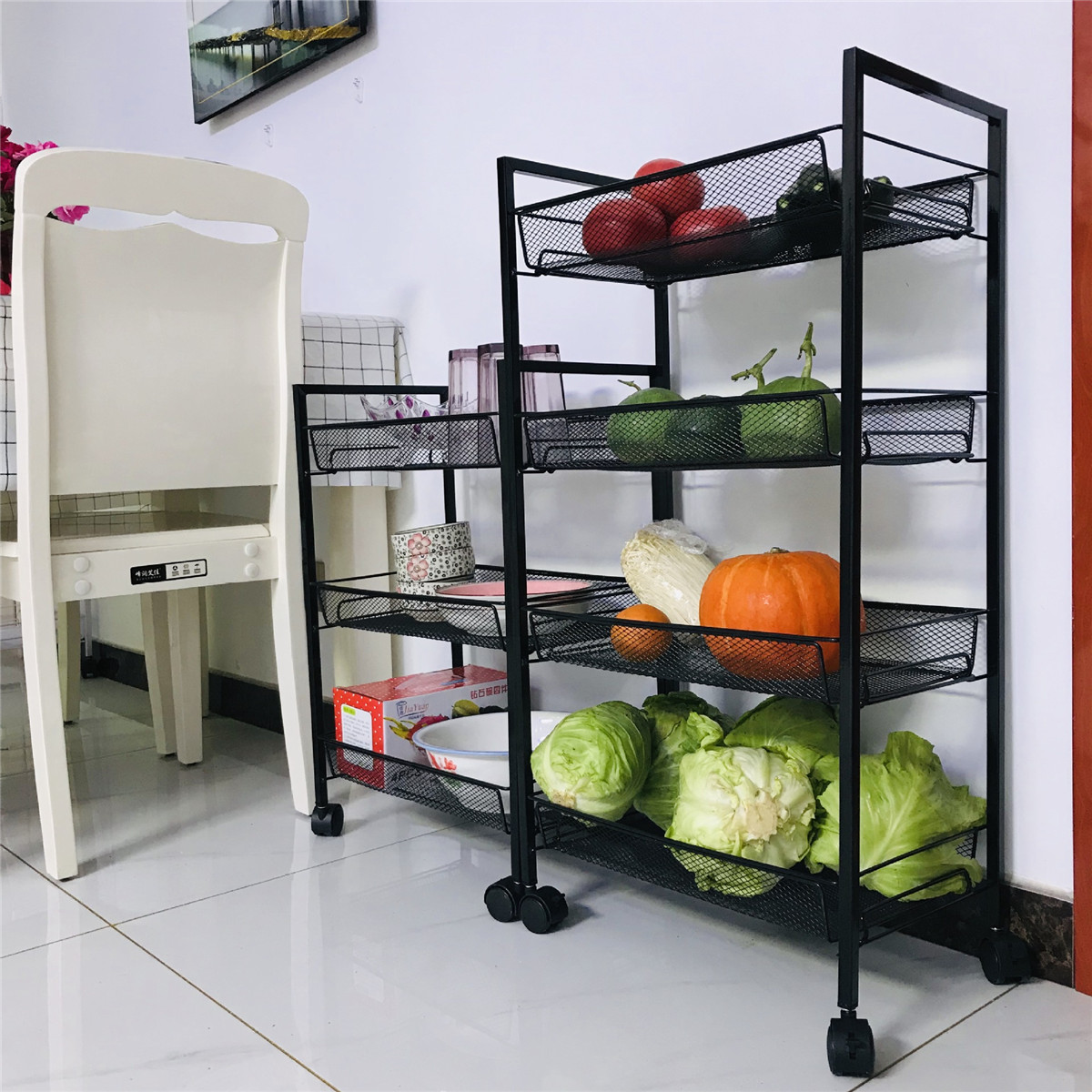 3/4 Layers Movable Shelf Kitchen Organizer Iron Storage Baskets Removable Holder with Universal Wheel Trolley for Kitchen Bathroom Bedroom