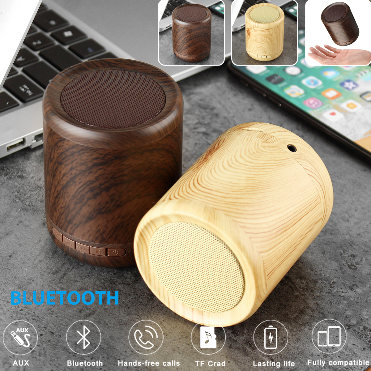 Mini Portable Wireless Bluetooth Speaker Wooden 3D Stereo TF Card Hands Free Aux-in Subwoofer 12