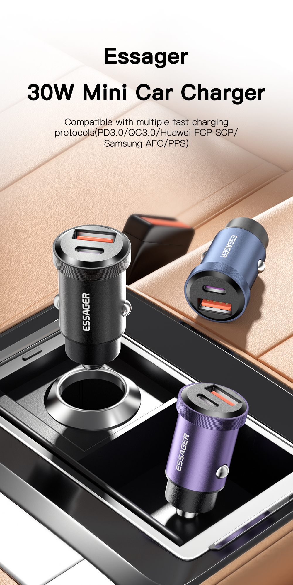 Essager 30W USB PD QC3.0 SCP Fast Charging Car Charger For iPhone 13 13 Mini 13 Pro Max For Samsung Galaxy S22 S22 Ultra For Huawei P50 Xiaomi Mi 13