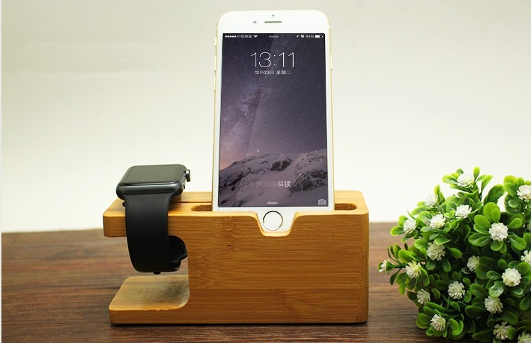Bamboo Universal Dock Station Bracket Cradle Stand Holder for under 8 inch Smartphone iPhone Apple Watch