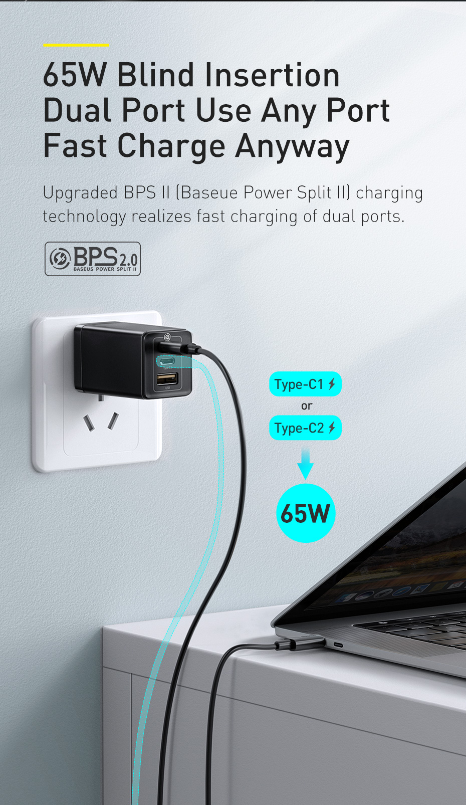 [GaN Tech] Baseus GaN2 Pro 65W 3-Port USB PD Charger Dual 65W USB-C PD3.0 QC3.0 FCP SCP Fast Charging Wall Charger Adapter US Plug With 100W 5A USB-C to USB-C Cable