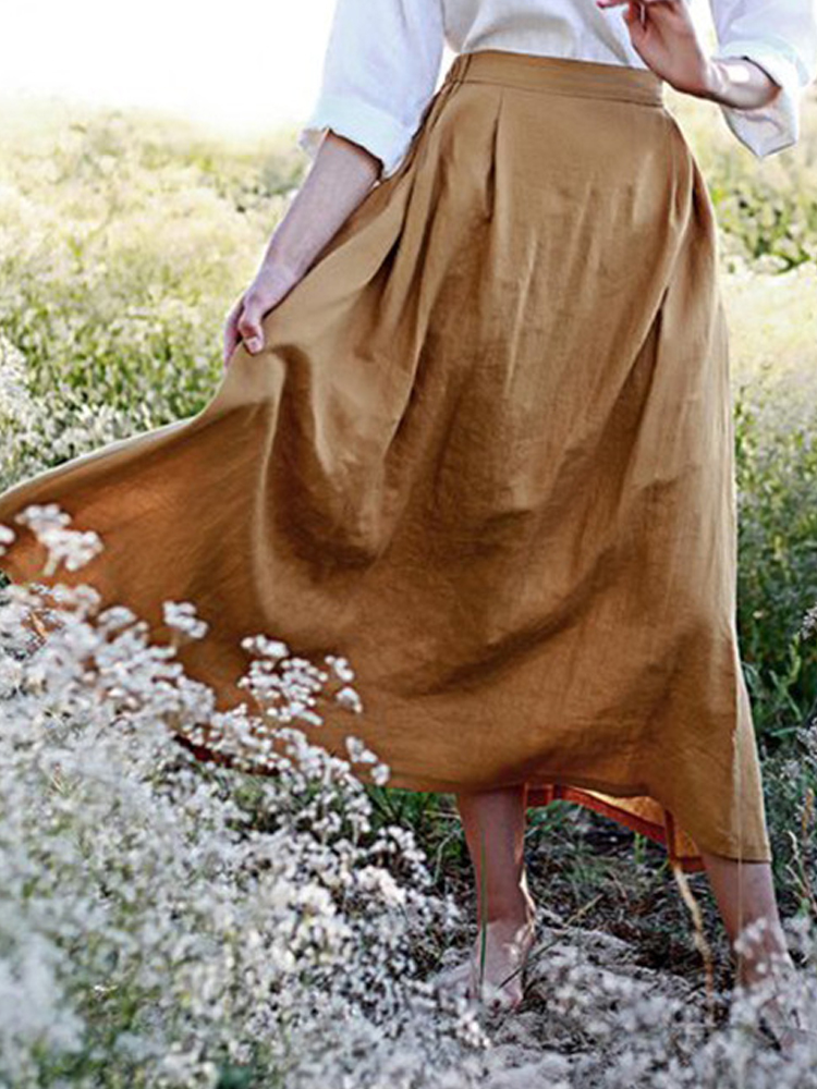 Solid Color Elastic Waist Linen Cotton Loose Hem Skirts