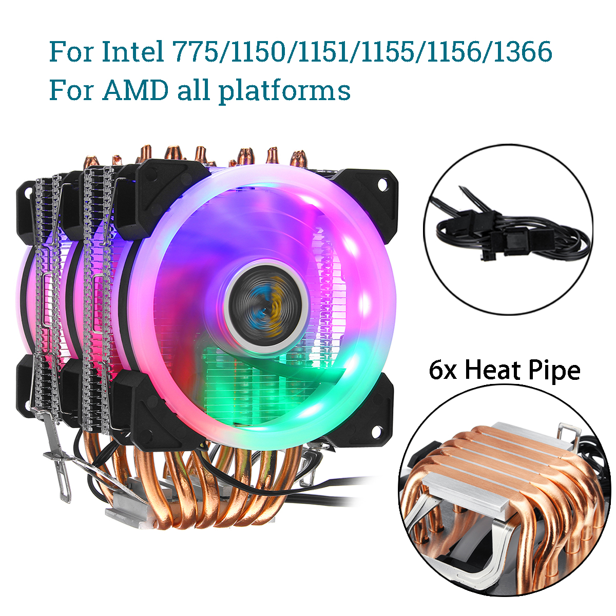3Pin 3 Fans 6 Heatpipes Colorful Backlit CPU Cooling Fan Cooler Heatsink for Intel AMD 10