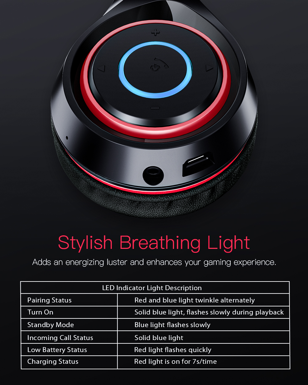 AIRAUX AA-ER2 bluetooth V5.0 Graphene Headphone with Breathing Light 40mm Dynamic Driver Foldable Over-Ear Gaming Headset