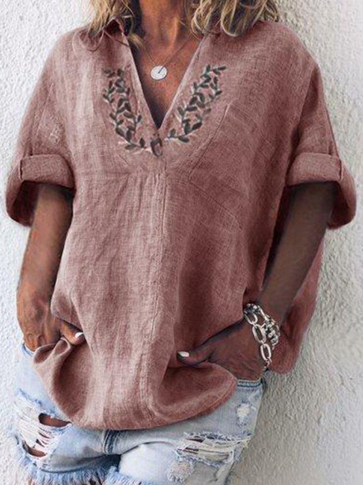 

Women Cotton V-Neck Embroidered Short Sleeved Blouse