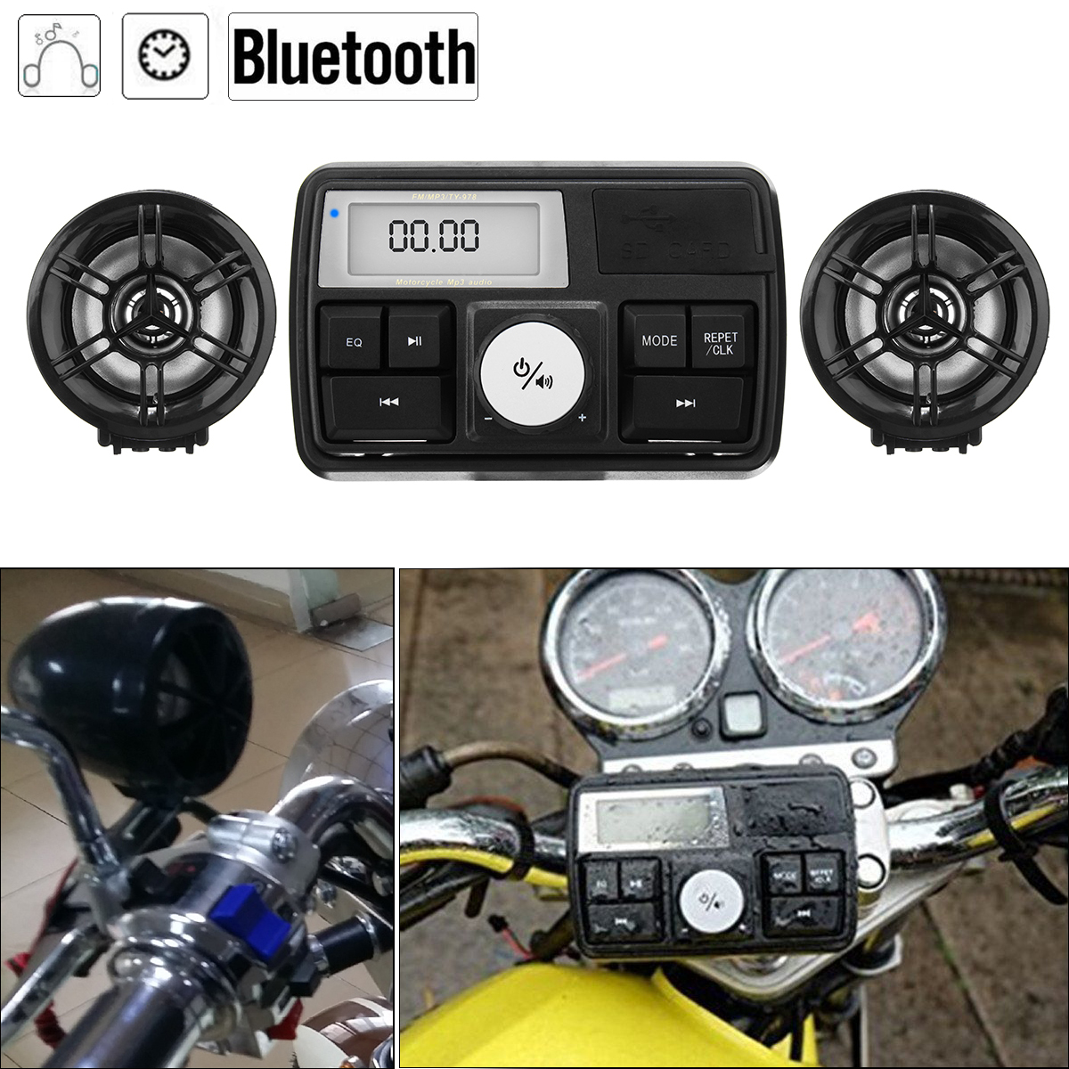 Impermeable Moto Audio Sistema de sonido Altavoz estéreo MP3 Radio USB con función Bluetooth