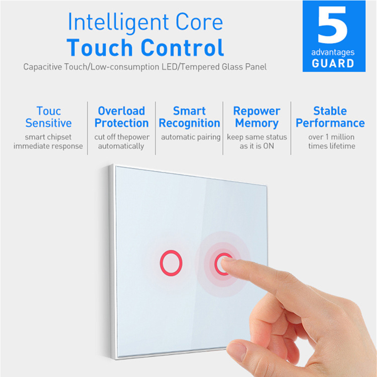 Coolcam Z-Wave Light Switch EU 2 Gang Smart Switch Sensitive Touch Light Switch Compatible with Z-wave 