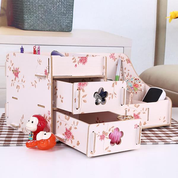 Assembly Wooden Makeup Organizer Box Drawer Cosmetics Storage Toiletry Container Case Desktop Home