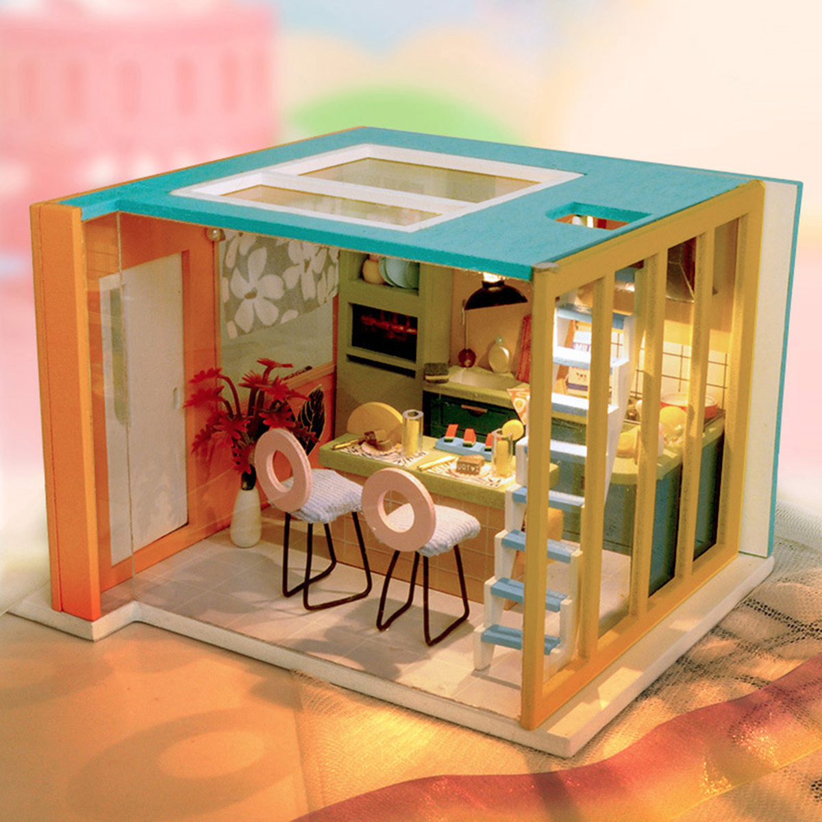 Wooden Kitchen DIY Handmade Assemble Doll House Miniature Furniture Kit Education Toy with LED Light for Kids Gift Collection - Photo: 2