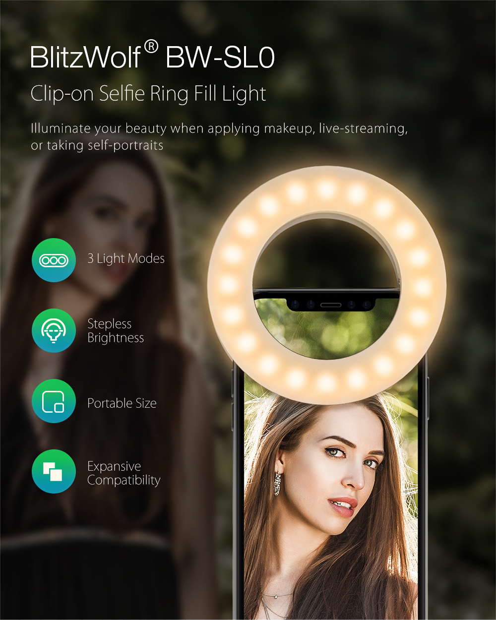 BlitzWolf® BW-SL0 LED Selfie Ring Fill Light Clip-on Beauty Rechargeable Light for Cell Phones Photo Video