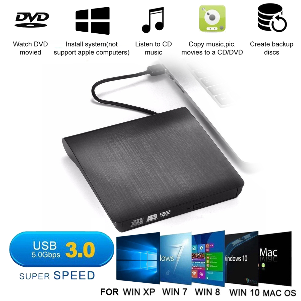 Mechzone USB3.0 External Optical Drive Slim USB CD DVD Burner DVD-RW Player Writer Support 2MB Data Transfer for PC Laptop Computer