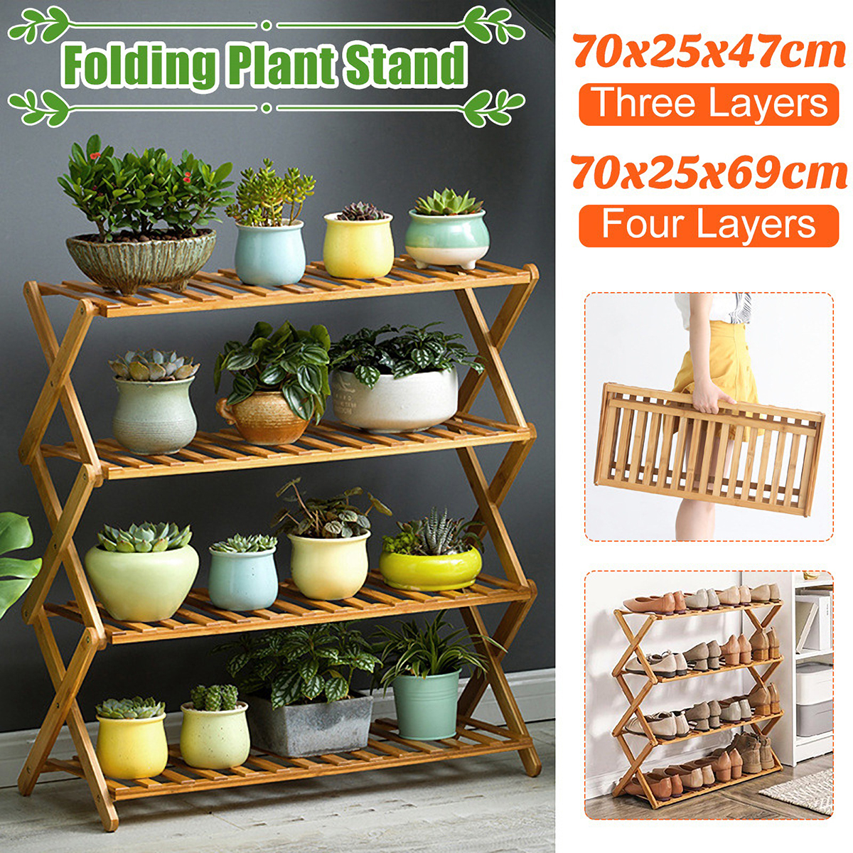 3 4 Layers Flower Rack Shoe Rack Storage Shelf Folding Bamboo Shoe Holder for Home Dormitory