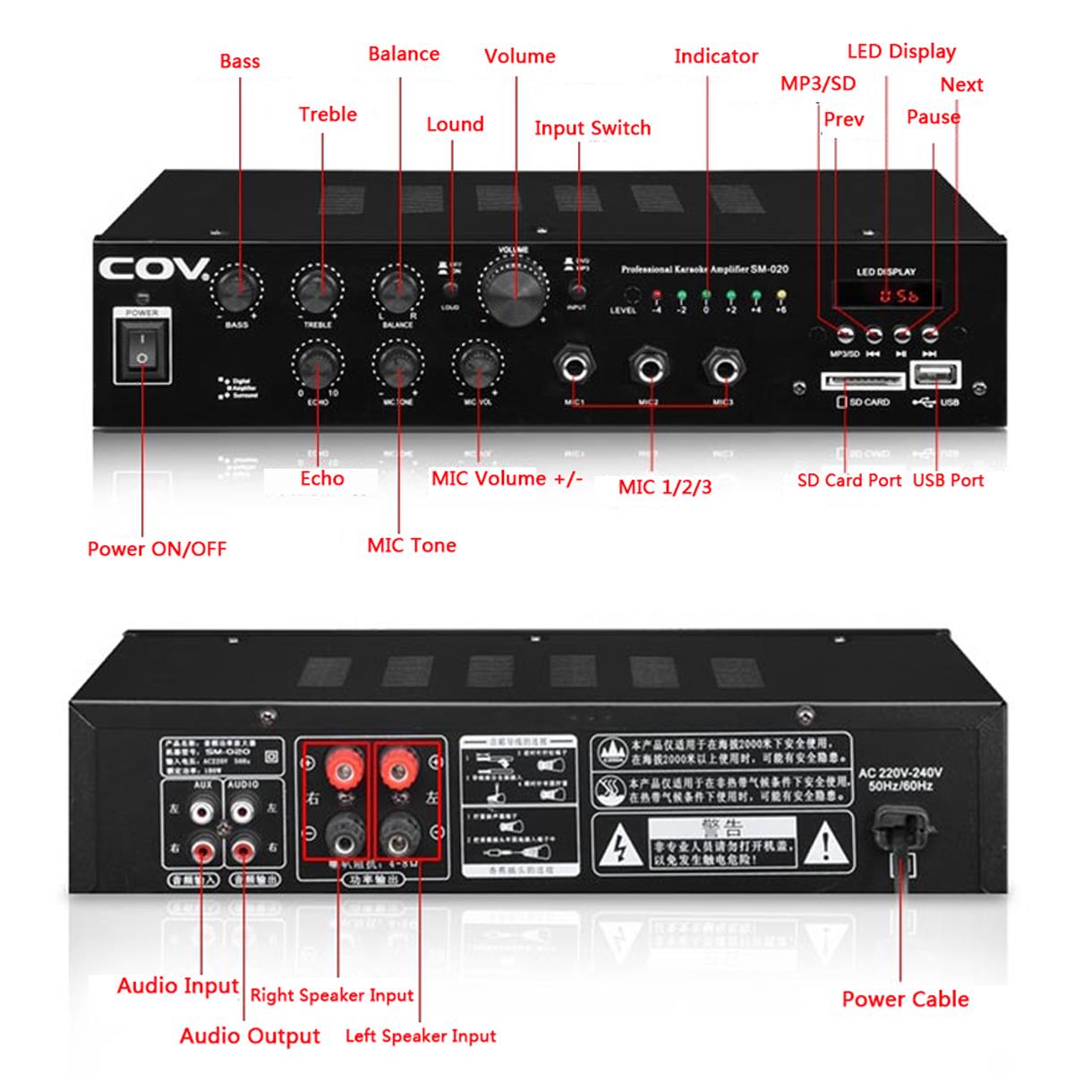 COV 2x150W bluetooth 4.0 Bass HIFI Professional Amplifier Support Microphone USB Memory Card