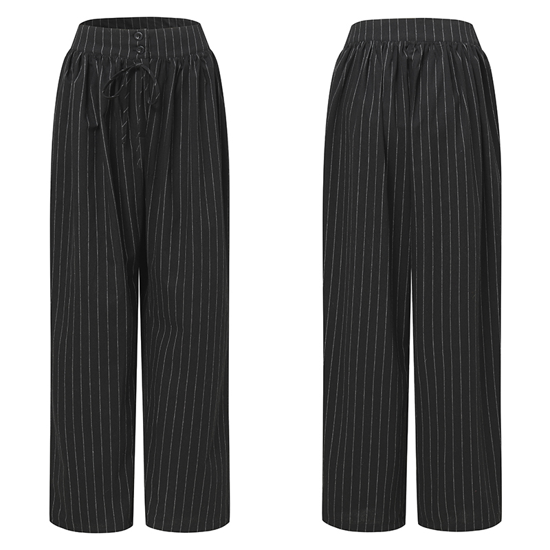 Women Drawstring Hight Waist Striped Loose Casual Wide Leg Pants With Pockets