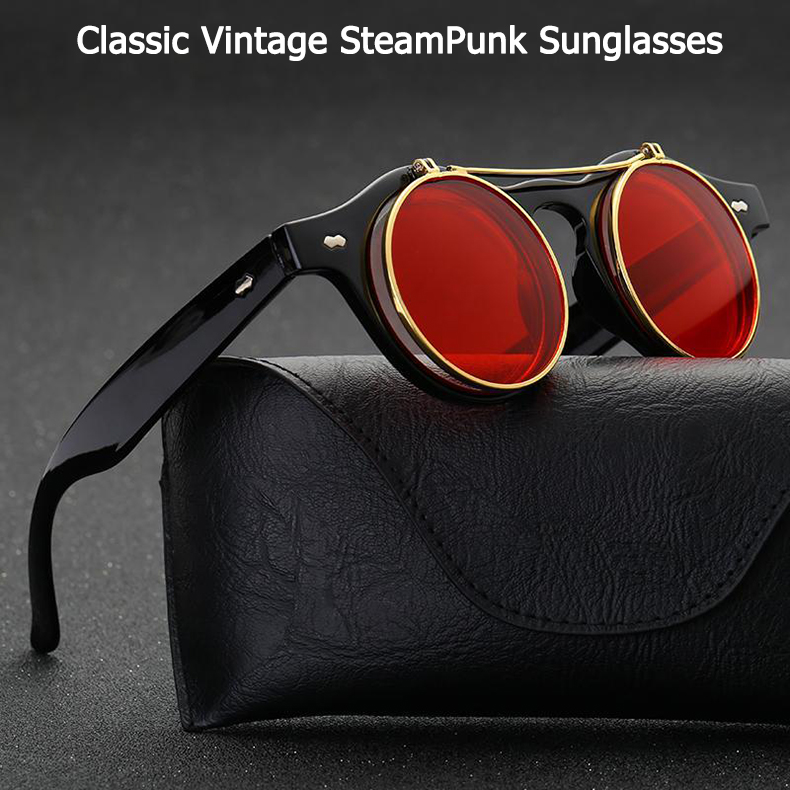 Men Fashion Vintage Round Punk Flip Up Sunglasses Classic Double Layer Clamshell Design SunGlasses