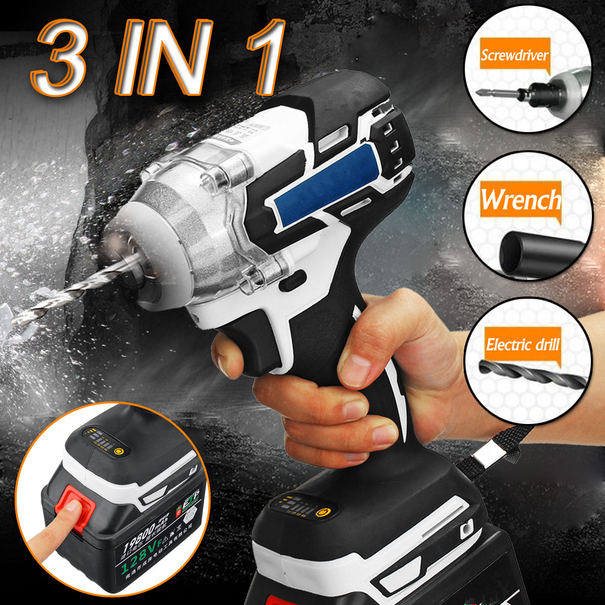 3 In 1 128VF 19800mAH Brushless Electric Wrench Power Drill Electric Screwdriver 240-520NM Adjustable Stepless Speed Regulation