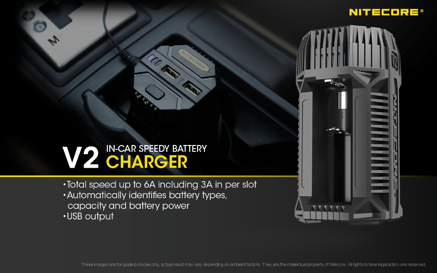 Nitecore V2 6A USB Output In-Car Speedy Smart Battery Charger with 12V Adapter 2Slots 18650 26650 AA