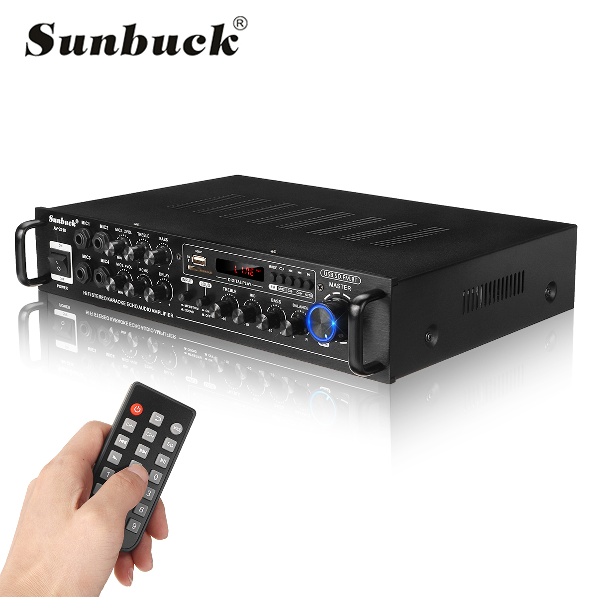 Sunbuck AV-2218 Audio Power Amplifier AC 110V 220V DC12V Bluetooth Karaoke Amplifier HIFI Home Theater Amplifier for Car Home