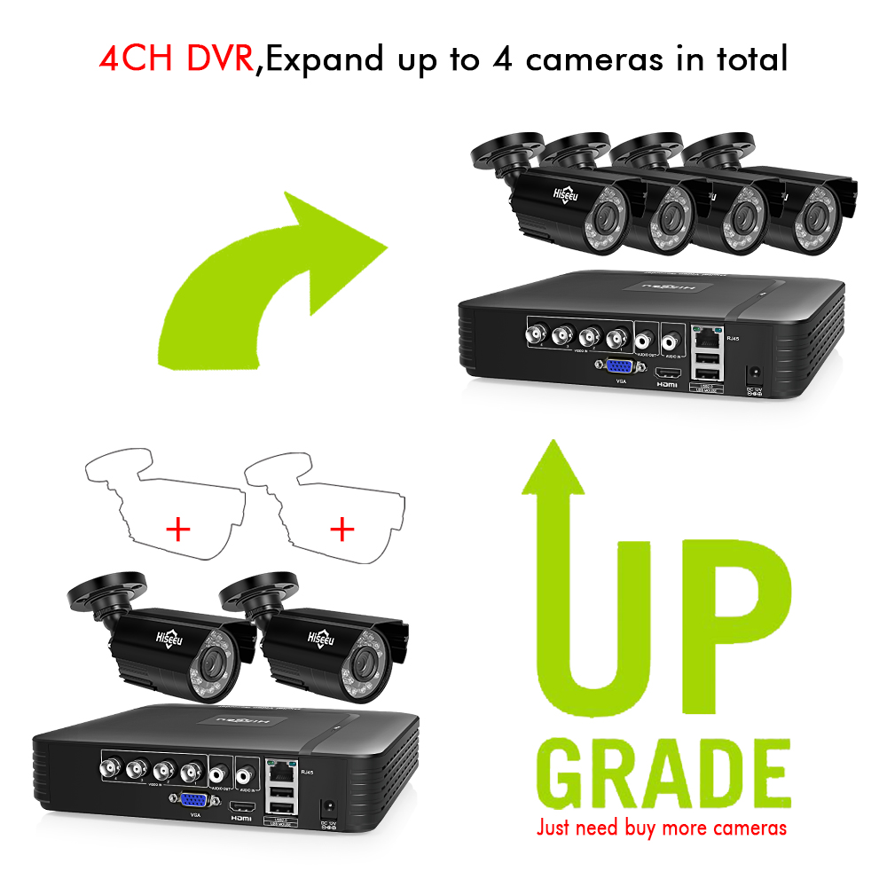 Hiseeu HD 4CH 1080N 5 in 1 AHD DVR Kit CCTV System 2pcs 720P AHD Waterproof IR Camera P2P Security Surveillance Set 12
