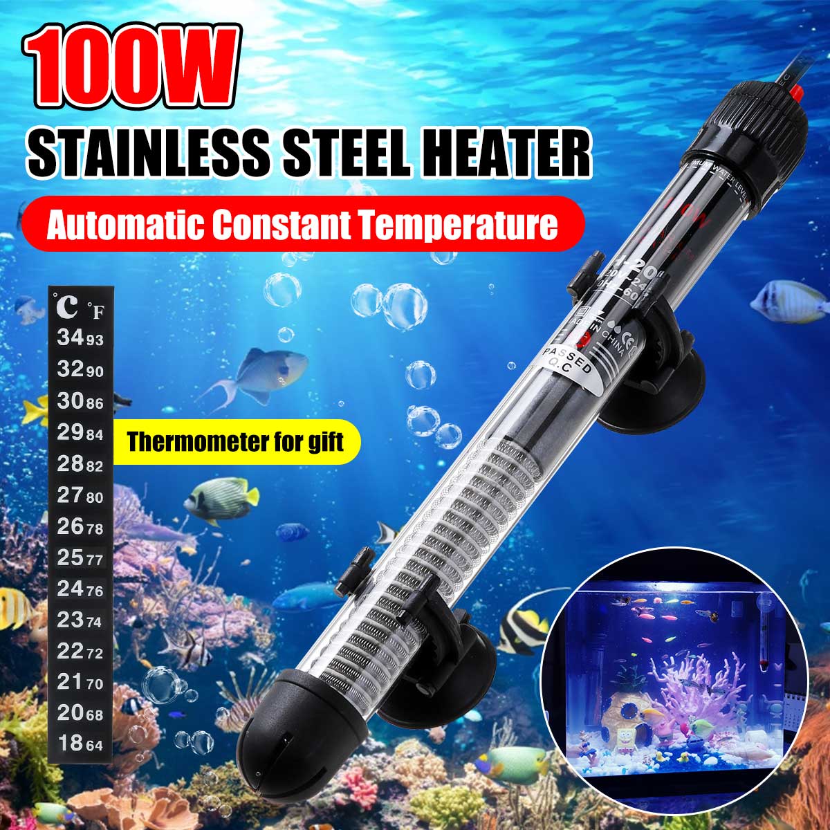 25/50/100/200/300W Fish Aquarium Heater Thermostat Submersible Heating Rod Tank Lamp Lantern