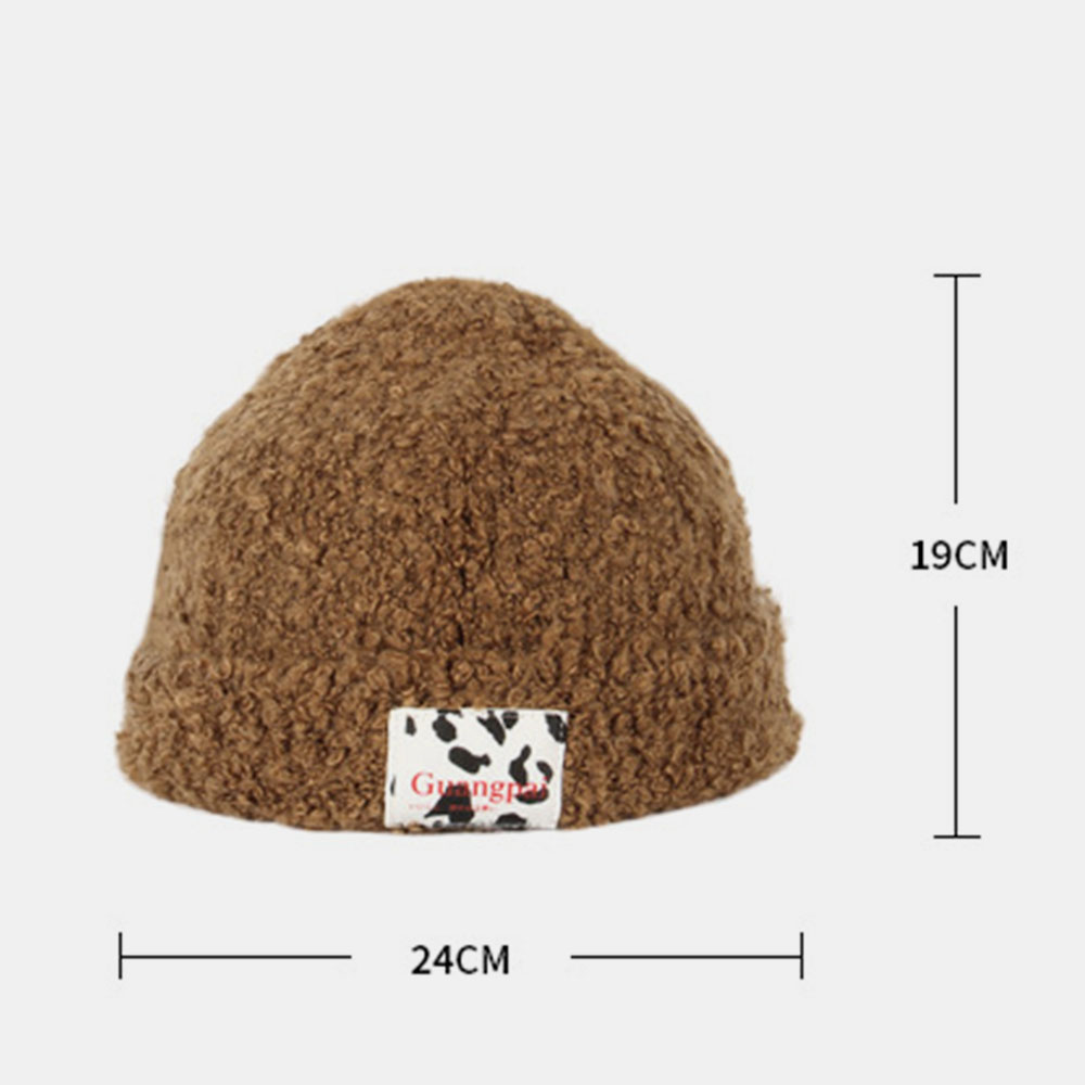 Women Teddy Velvet Solid Color Cow Pattern Letter Cloth Label Warmth Beanie Hat