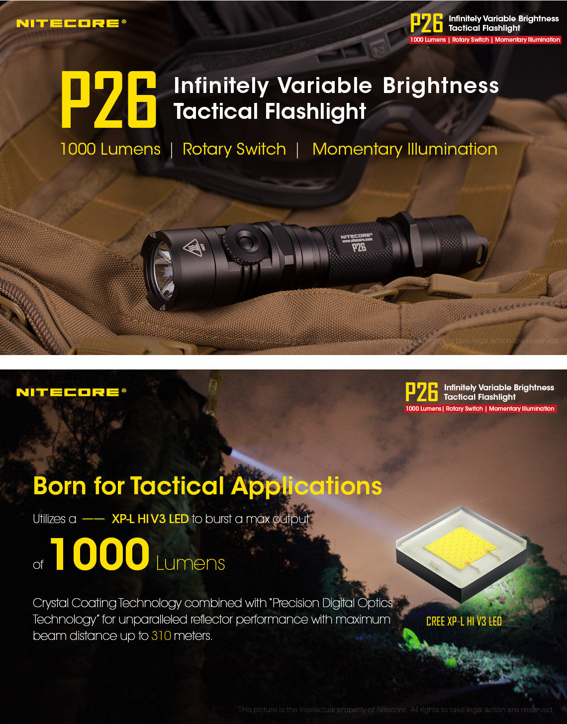 Nitecore P26 XP-L HI V3 1000Lumens 3Modes Stepless Dimming Dual-switch Tactical LED Flashlight 18650