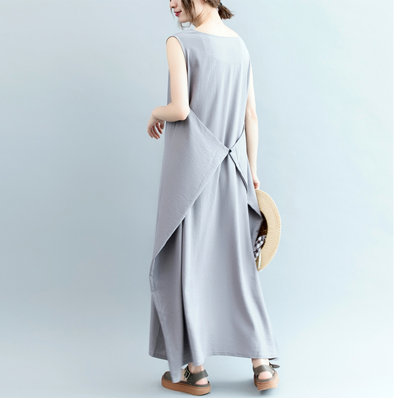 Women Sleeveless O-neck Casual Loose Solid Color Dress