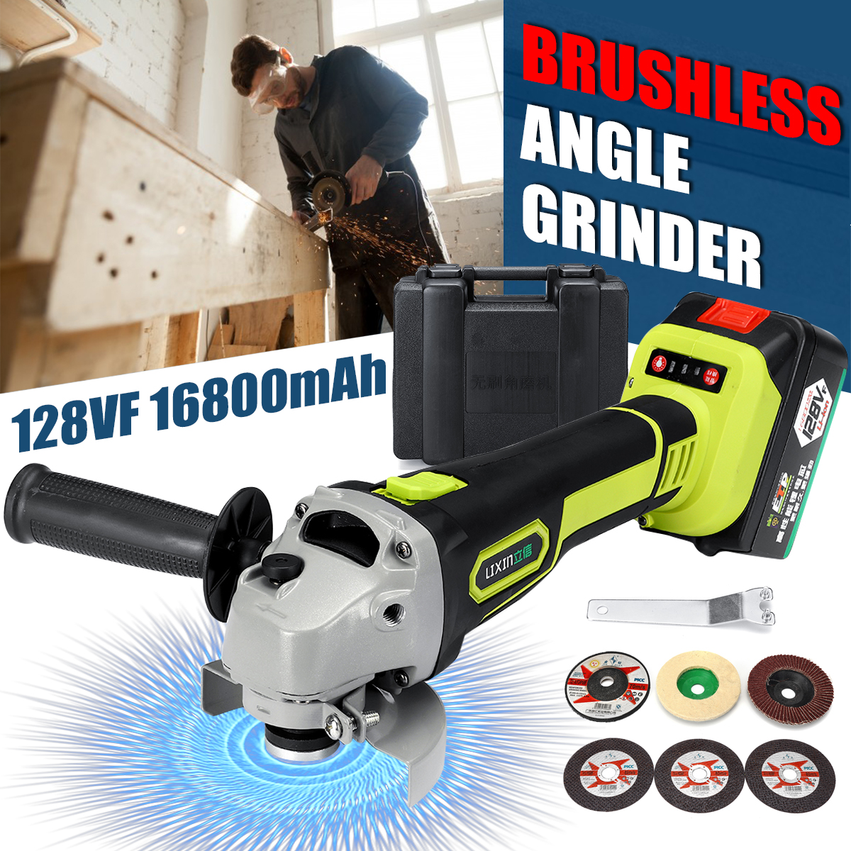 128VF 16800mAh Cordless Electric Angle Grinder Brushless Power Cutting Angle Grinding Tool with Li-ion Battery& Charger