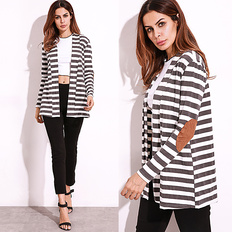 Casual Mulheres Shawl Collar Elbow Patch Striped Open Front Cardigan Manga comprida