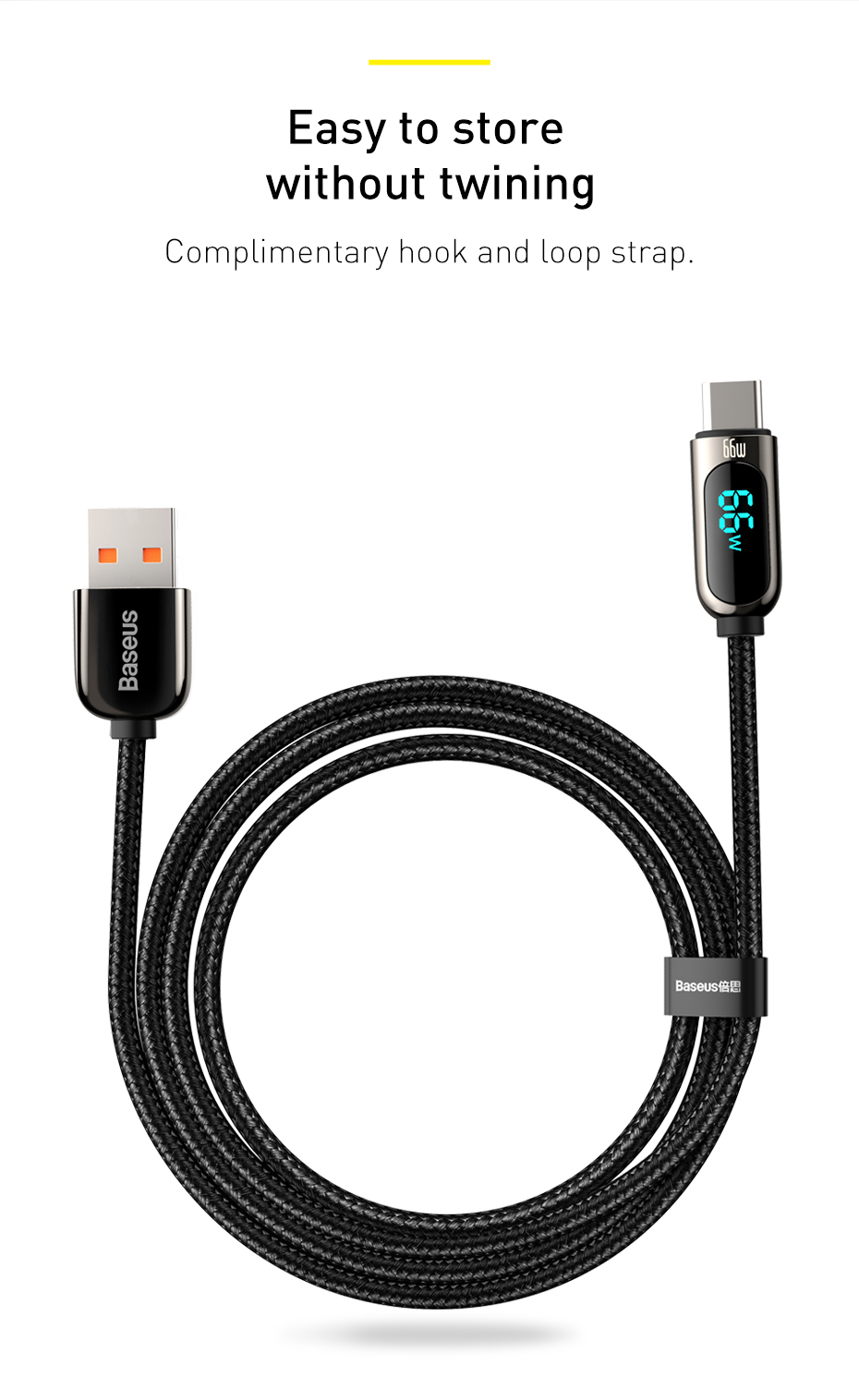 Baseus 66W USB to USB-C Digital Display Cable Fast Charging Data Transmission Cord Line 1/2m long For DOOGEE S88 Pro For OnePlus 9 Pro For Xiaomi MI10