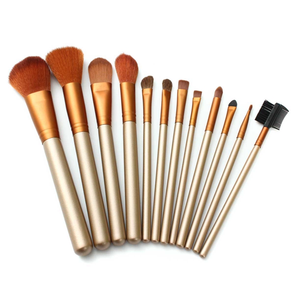 12Pcs Gold Professional Makeup Blush Eye Shadow Eyeliner Brush Set with Zipper Leather Bag Kit
