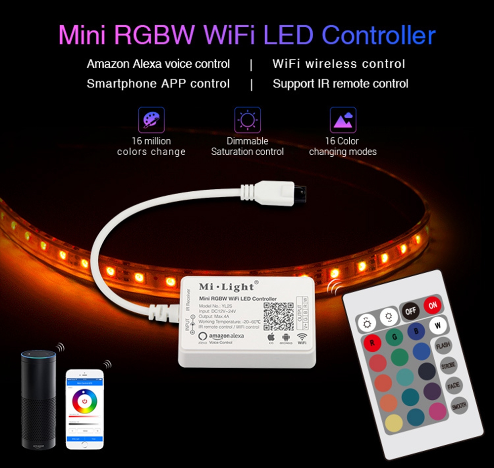 Milight YL2S Mini RGBW WiFi LED Controller Work With Amazon Alexa Voice for LED Strip Light DC12-24V