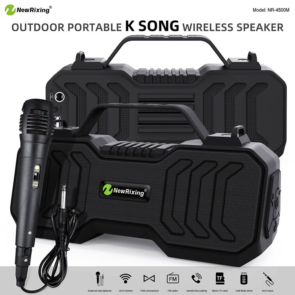NewRixing NR-4500M with Extemal Microphone Wireless bluetooth Speaker Portable TWS Dual Machine in Parallel Mini Vard Subwoofer Rechargeable