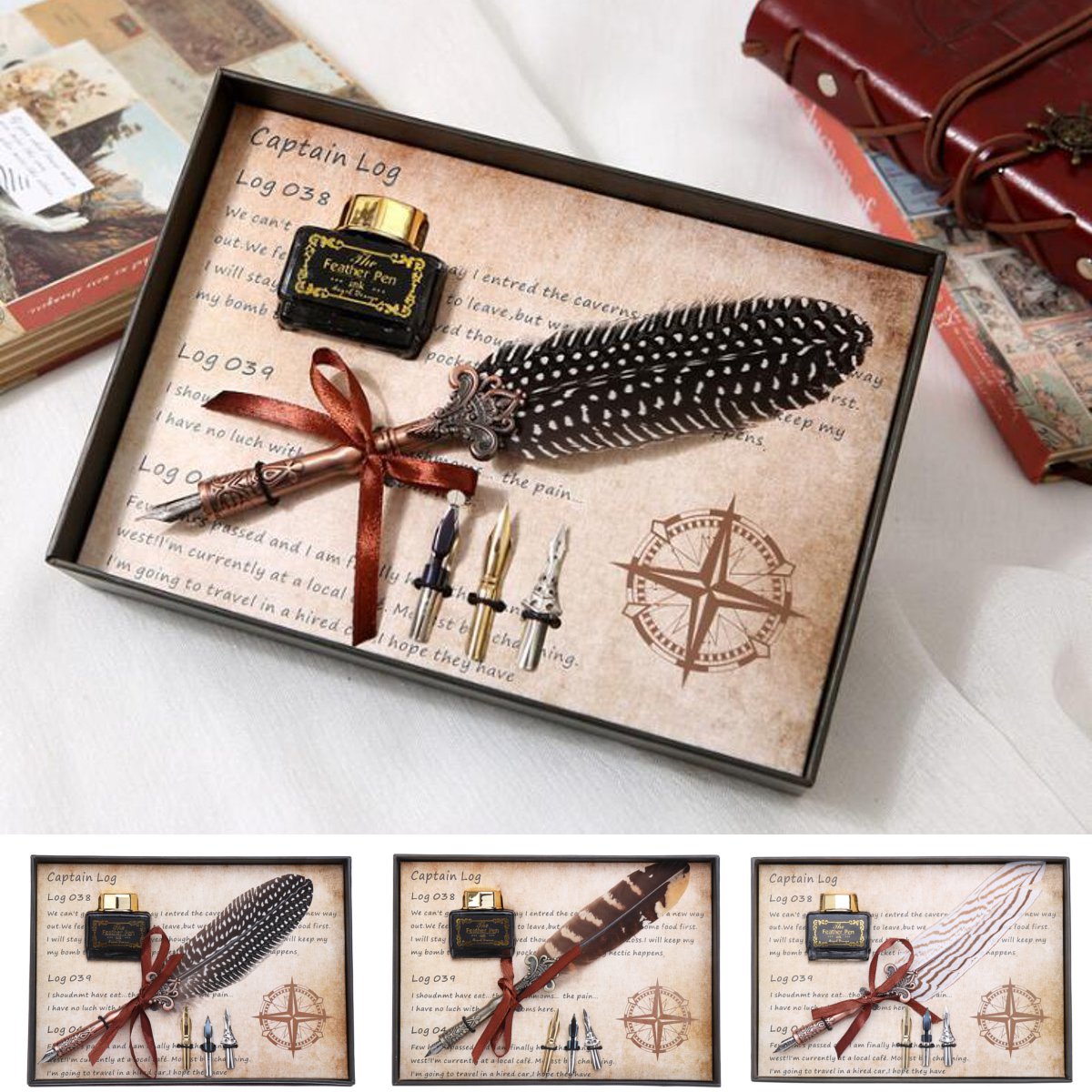 Classical Feather Pen Fountain Quill Dip Writing 3 Replacement Nibs With Ink Set Wedding Banquet Signature Pen
