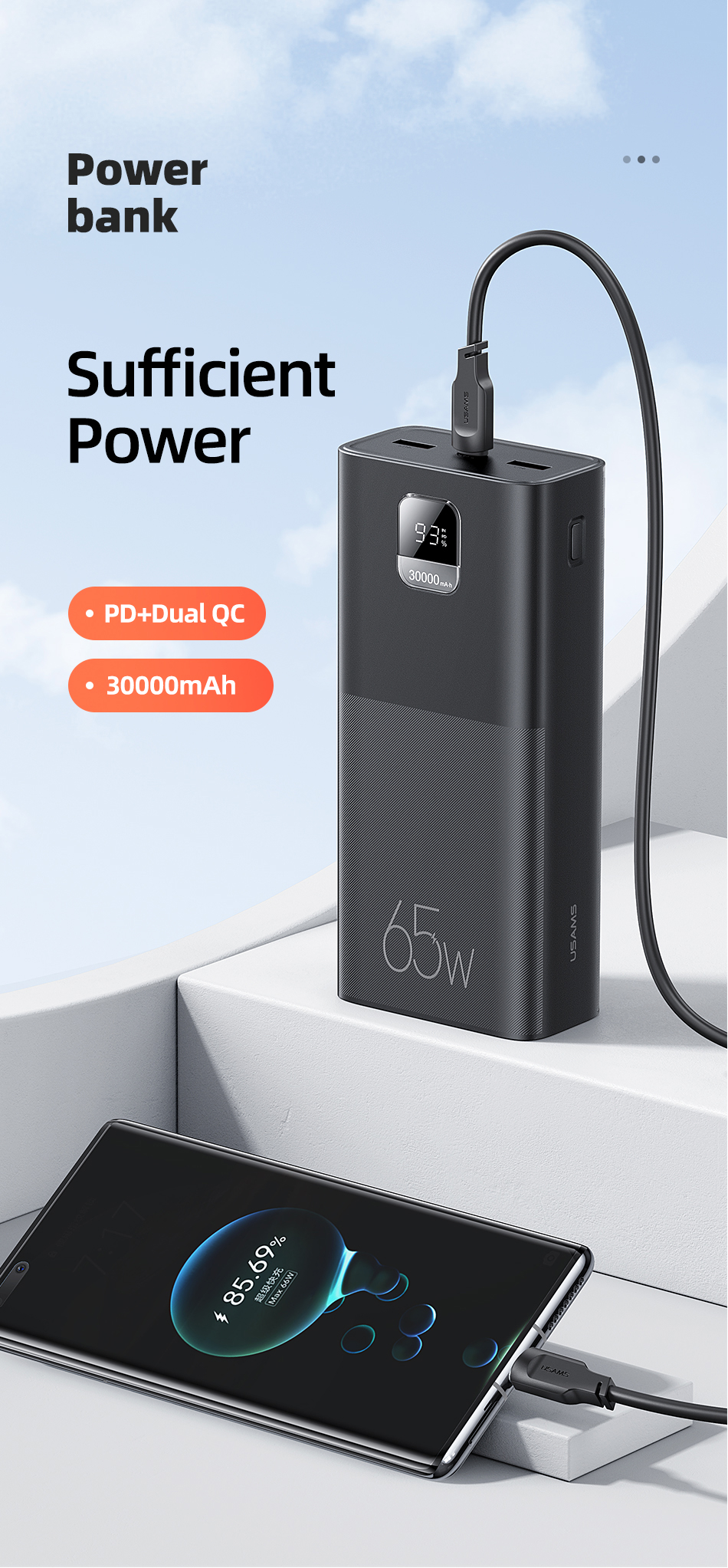 USAMS 30000mAh 65W Digital Display Fast Charging Power Bank PD QC FCP SCP AFC External Battery for iPhone 14 13 for Samsung S22 Xiaomi 12S