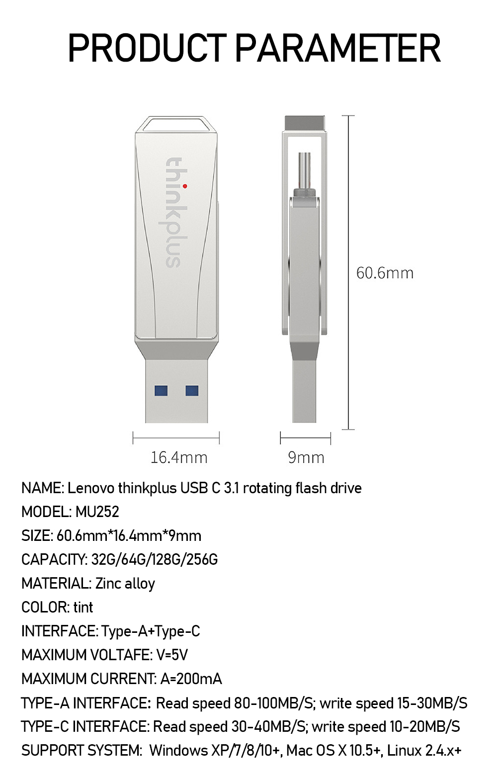 Lenovo ThinkPlus MU252 Type-C & USB3.1 Flash Drive 32G 64G 128G 256G Metal Interface Waterproof Heat Resistance 360° Rotation Fast Data Transmission Portable Memory U Disk